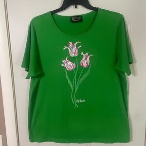 Bob Mackie Wearable Art Floral Green Pink  Embroidered T Shirt Size XL